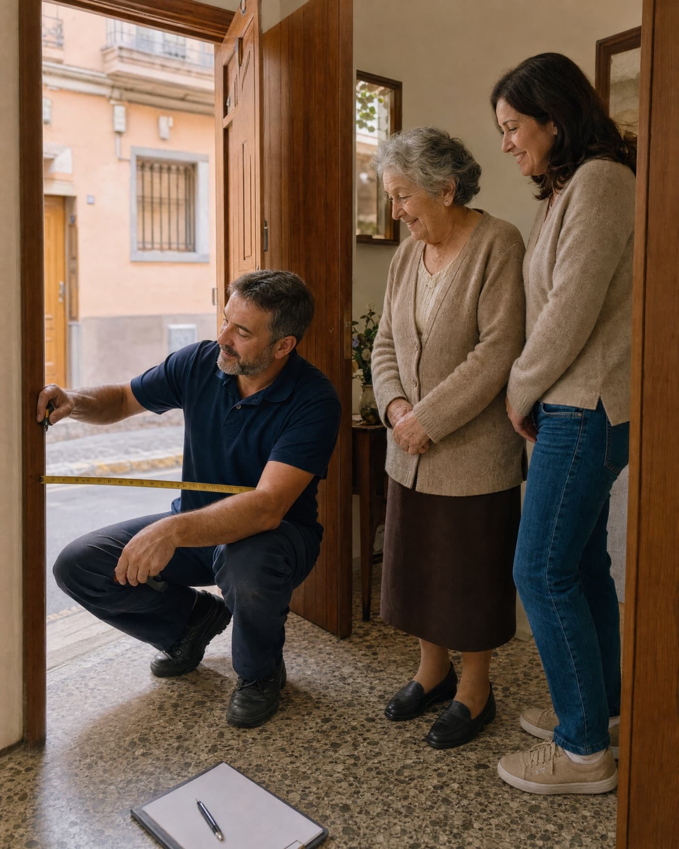 Un técnico mide el marco de la puerta de entrada mientras una mujer mayor y su hija observan.